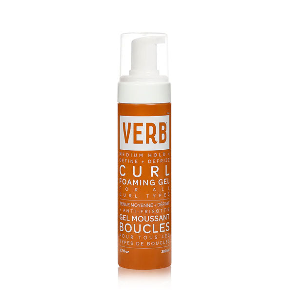 Orange 6.7 ounce bottle of Verb Curl Foaming Gel with white nozzle and lettering