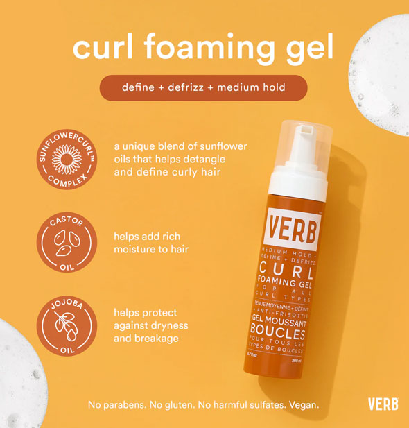 A bottle of Verb Curl Foaming Gel is captioned with its key benefits represented by infographics