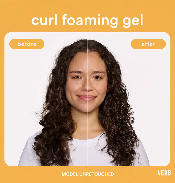 Unretouched side-by-side comparison of model's hair before and after using Verb Curl Foaming Gel