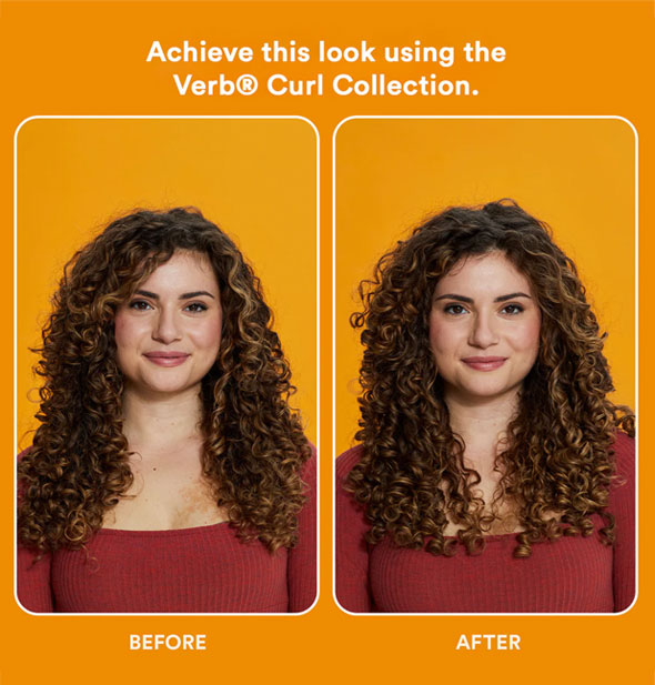 Side-by-side comparison of a model's hair before and after using the Verb Curl Collection