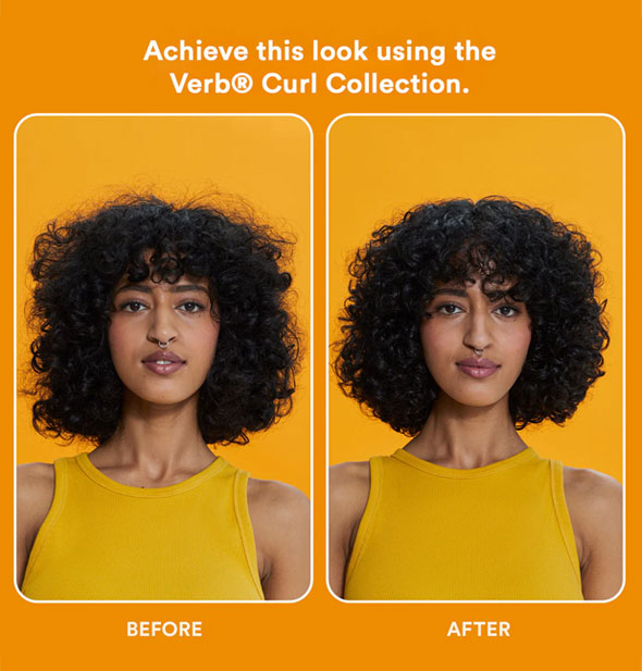 Side-by-side comparison of a model's hair before and after using the Verb Curl Collection