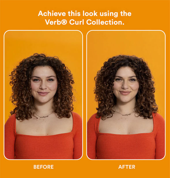 Side-by-side comparison of a model's hair before and after using the Verb Curl Collection