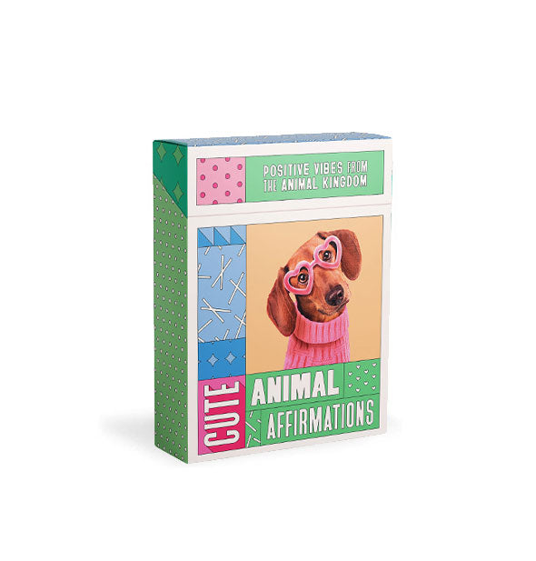 Cute Animal Affirmations card box with image of a brown dachshund wearing a pink turtleneck and heart-shaped glasses