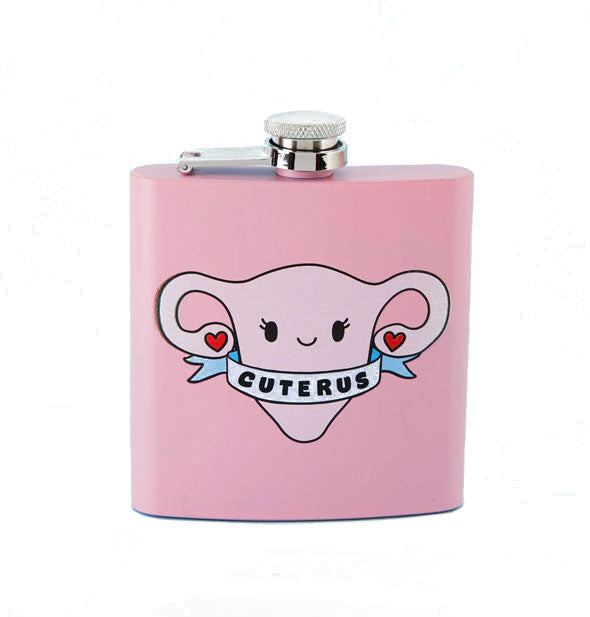 Square pink flask with illustration of a smiling uterus wrapped in a blue banner that says, "Cuterus"