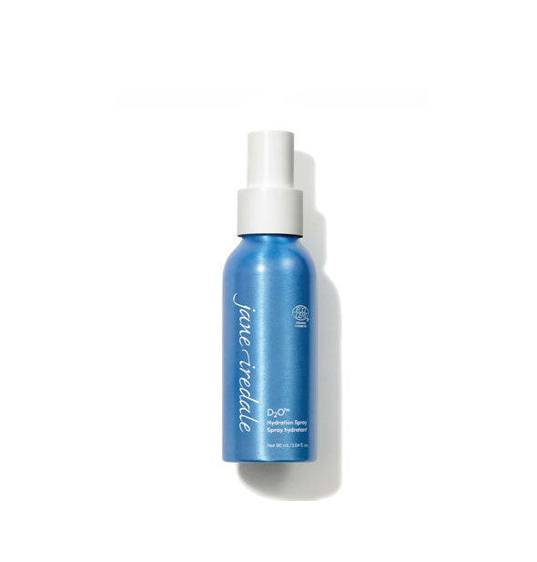 Blue 3 ounce bottle of Jane Iredale D2O Hydration Spray with white cap and white lettering