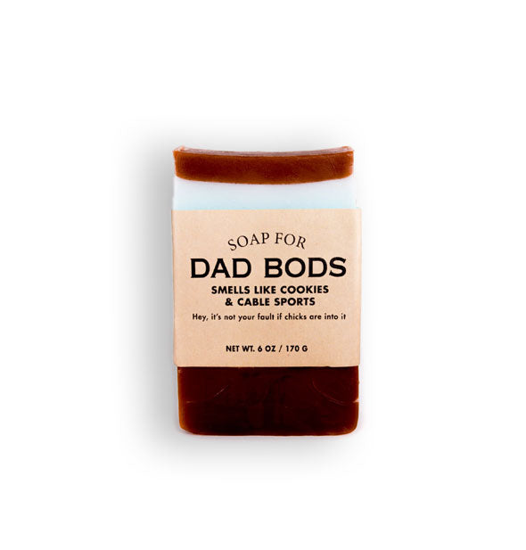 6 ounce bar of Soap for Dad Bods is brown with a light blue center and wrapped in kraft paper