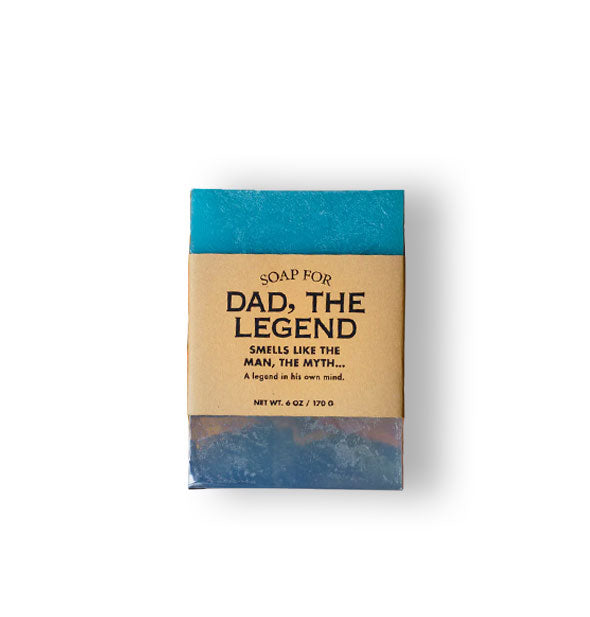 6 ounce bar of mottled blue and brown Soap for Dad, the Legend is wrapped in kraft paper with black lettering