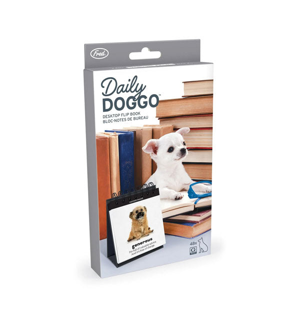 Daily Doggo Desktop Flip Book packaging depicts a white chihuahua puppy positioned among stacks of books
