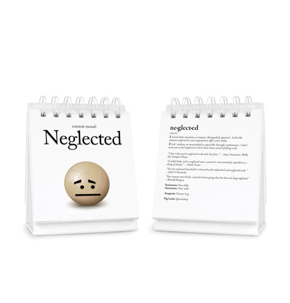 Wire-bound flip book features a current mood of "Neglected" with smiley face illustration and a mood definition on the reverse side
