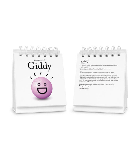 Wire-bound flip book features a current mood of "Giddy" with smiley face illustration and a mood definition on the reverse side