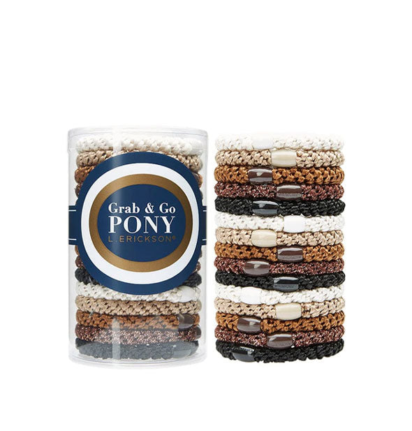 Grab & Go Pony woven hair ties in an assortment of neutral shades, each with a decorative bead