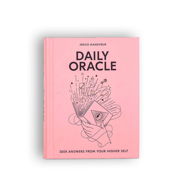 Pink cover of Daily Oracle: Seek Answers From Your Higher Self with central design of a hand holding open a book out of which celestial symbols are emerging