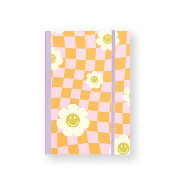 Journal cover features a wavy pink and orange checker print accented by gold and white smiley face daisies and lilac tape binding and elastic band closure