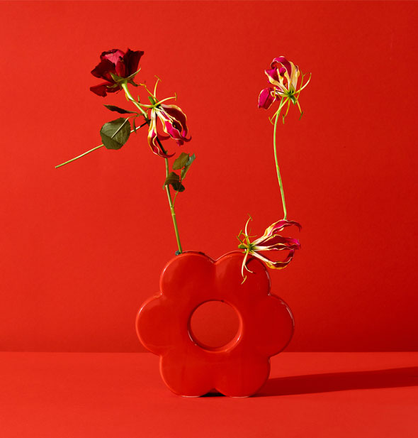 Red daisy-shaped vase holds an arrangement of several tall flowers