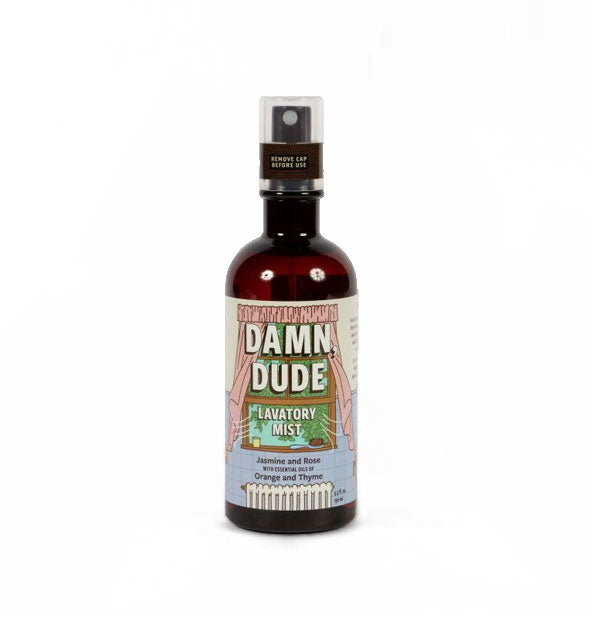 Amber bottle of Damn Dude Lavatory Mist with label illustration of a breeze blowing through an open window hung with pink curtains