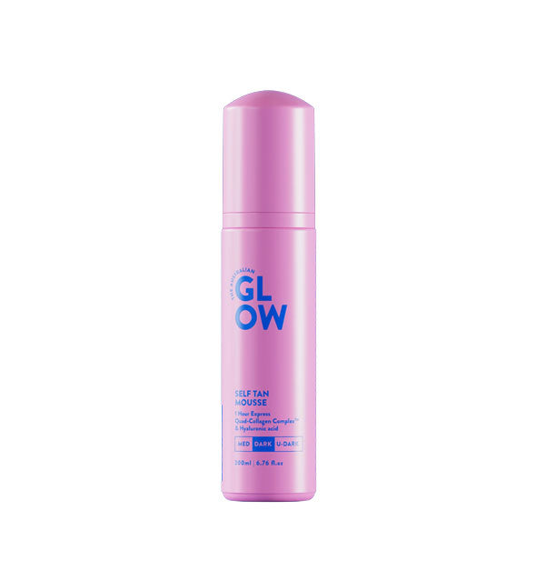 Pink 6.76 ounce bottle of Dark shade Australian Glow 1 Hour Express Self Tan Mousse with blue lettering