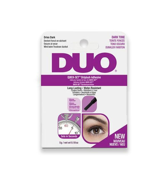 Pack of Dark Tone Duo Quick-Set Striplash Adhesive with purple design elements and infographics 