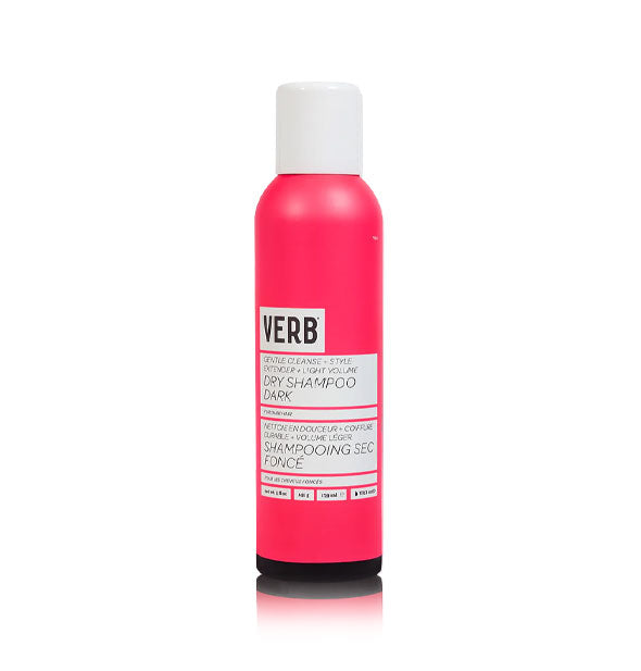 Dark pink 5 ounce can of Verb Dry Shampoo for dark hair with white and black accents