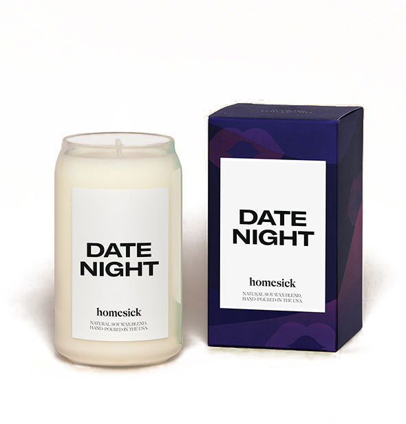 Date Night candle by Homesick with white wax in glass jar next to dark blue box packaging