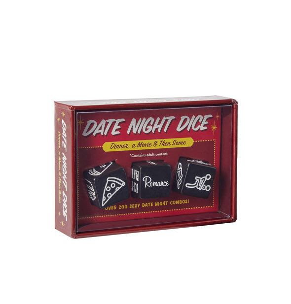 Date Night Dice game box features three black dice with white printing