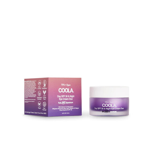 Purple pot of Coola Day SPF 30 & Night Eye Cream Duo with matching pink-to-purple ombre box