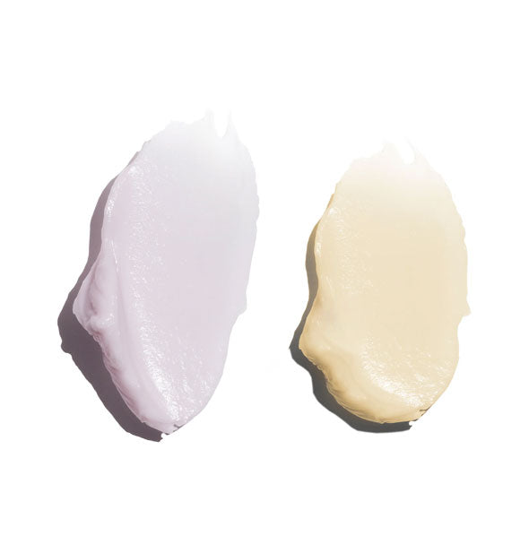 Applications of day and night eye creams, one slightly purple and the other a light peach shade