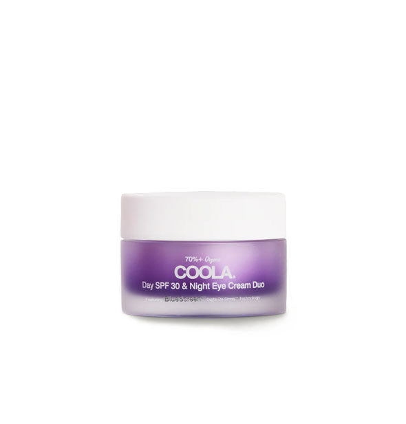 Purple pot of Coola Day SPF 30 & Night Eye Cream Duo with white lid