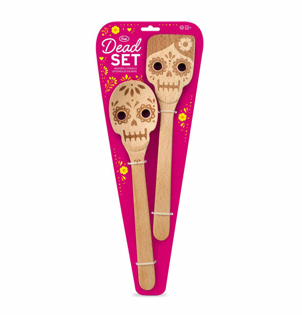 Wooden sugar skull Dead Set serving utensil pair on pink product card