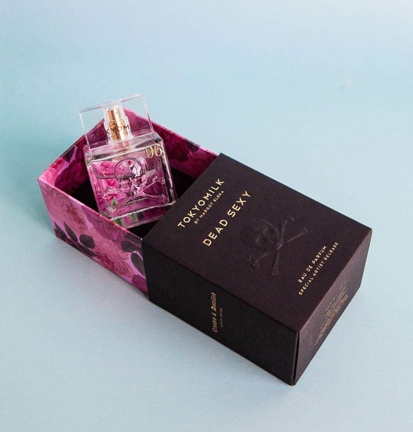 Slid-open TokyoMilk Dead Sexy Eau de Parfum box reveals an embossed glass bottle inside