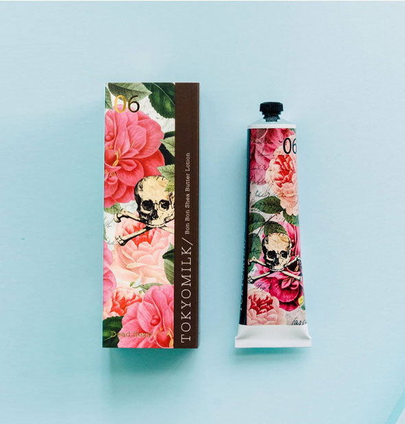 Tube and box of TokyoMilk Bon Bon Shea Butter Lotion with pink floral motif and skull and crossbones graphics