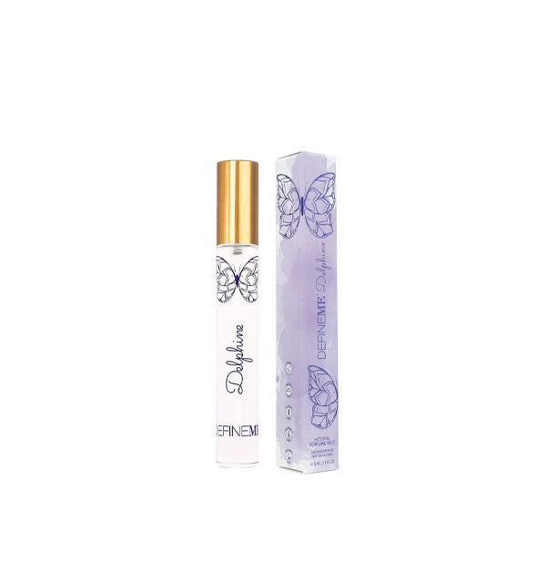 Slender tube of Delphine perfume by DefineMe with purple box, both adorned with purple butterfly graphics