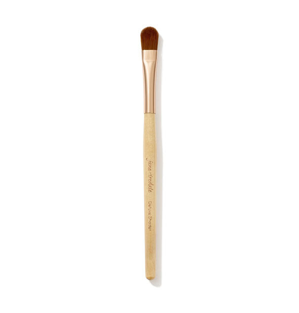 Jane Iredale Deluxe Shader Brush with wooden handle, gold ferrule, and smallish rounded bristle head