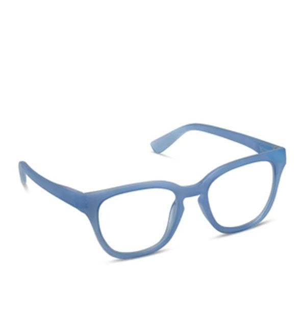 Pair of denim blue reading glasses with squarish frame shape