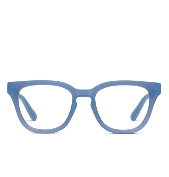 Front view of squarish denim blue reading glasses