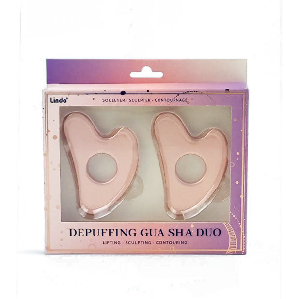 Depuffing Gua Sha Duo box with rose gold gua sha massagers visible through window in packaging