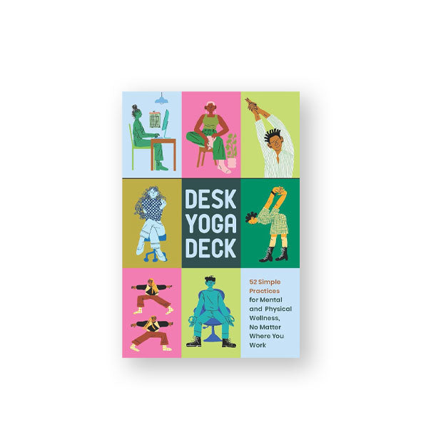 Colorful Desk Yoga Deck cover with illustrations of yoga poses designed for those who sit for work