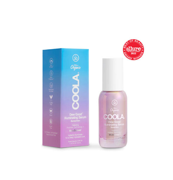 Pearlescent pink 1 ounce bottle of Coola Dew Good Illuminating Serum Sunscreen with blue-to-purple ombre box to one side and Allure Best of Beauty Award Winner seal at top right