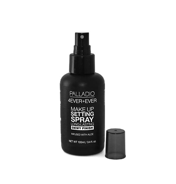 Black 3.4 ounce bottle of Palladio Dewy Finish 4Ever + Ever Make Up Setting Spray with white lettering and cap set to the side