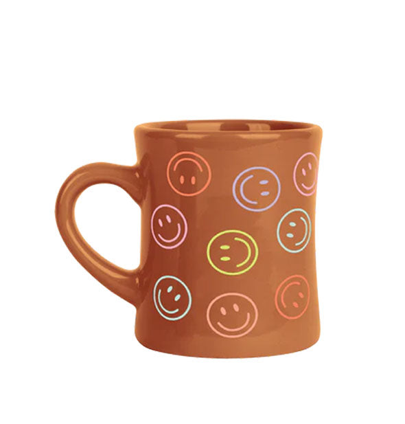 Brown diner mug with all-over multicolored pastel smiley faces