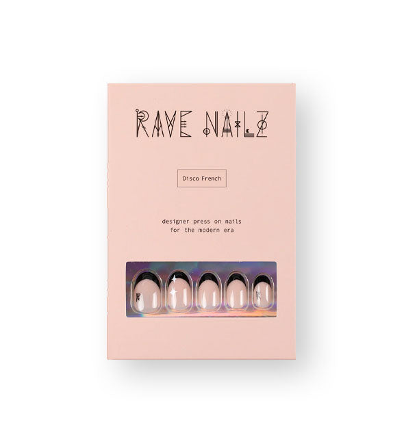 Light peachy-pink box of Rave Nailz Disco French press on nails with some samples visible through a bottom window in packaging