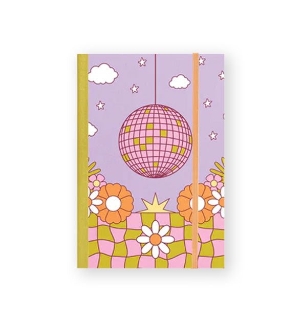 Notebook cover with orange elastic band closure features a scene of pink disco ball suspended from a purple sky scattered with white clouds and stars above a wavy pink and green checkered dance floor accented with white, orange, and pink flowers flanking a yellow setting sun