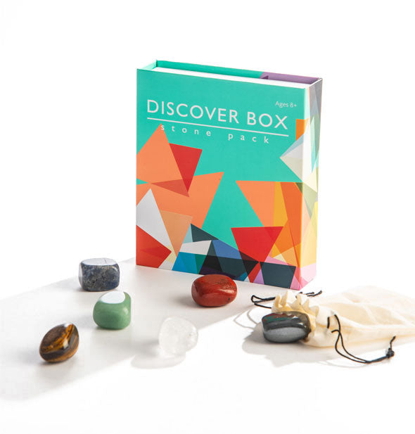 Colorful Discover Box Stone Pack with contents: six polished stones and a white drawstring muslin bag