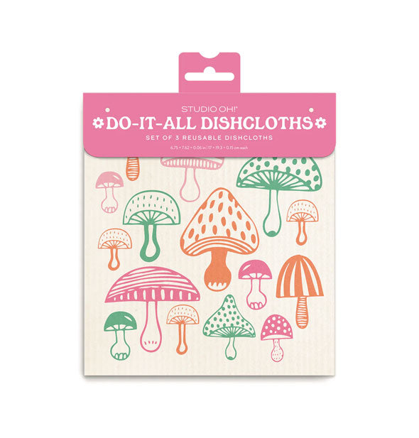 Pack of three Do-It-All Dishcloths featuring a tricolor mushroom print