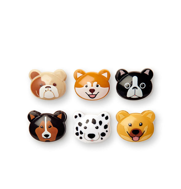 Set of six dog face bag clips featuring an assortment of colorations and breeds