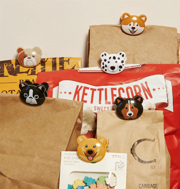 Set of six Doggie Bag Clips are applied to various snack bags