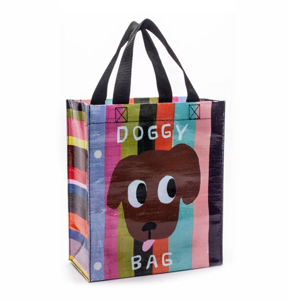Colorfully striped tote bag features central illustration of a dog with tongue sticking out and says, "Doggy Bag" in white lettering