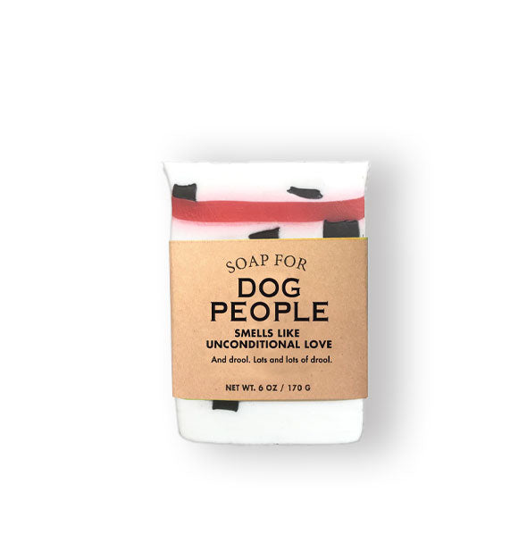 Bar of Soap for Dog People (Smells Like Unconditional Love) is white with a red stripe and black specks and wrapped in brown paper with black lettering