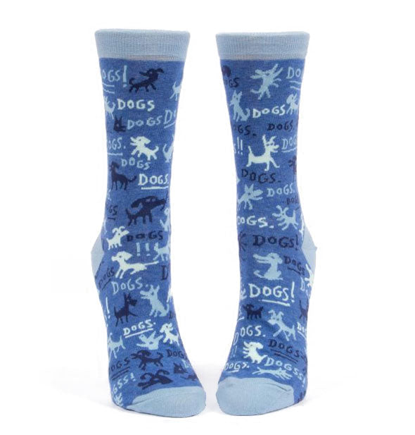 Blue crew socks with all-over dog illustrations and the word, "Dogs"
