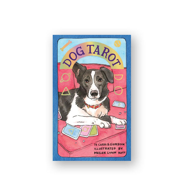 Dog Tarot card deck box with illustration of a black and white border collie