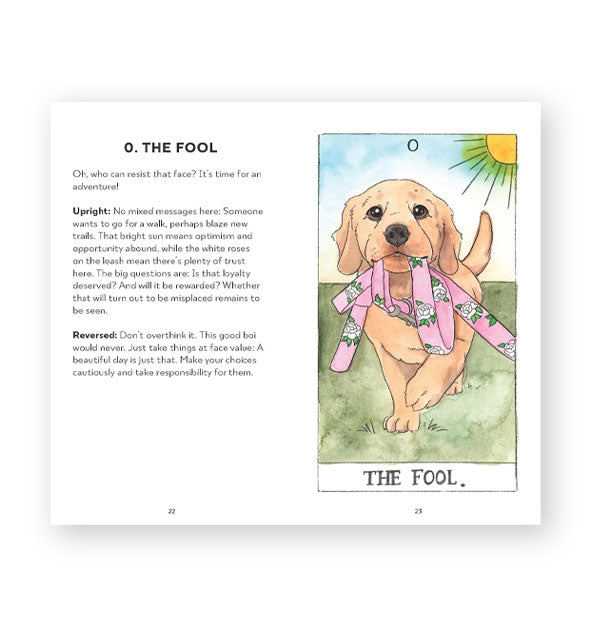Sample card from the Dog Tarot deck features The Fool with illustration of a yellow lab puppy carrying a pink leash in its mouth
